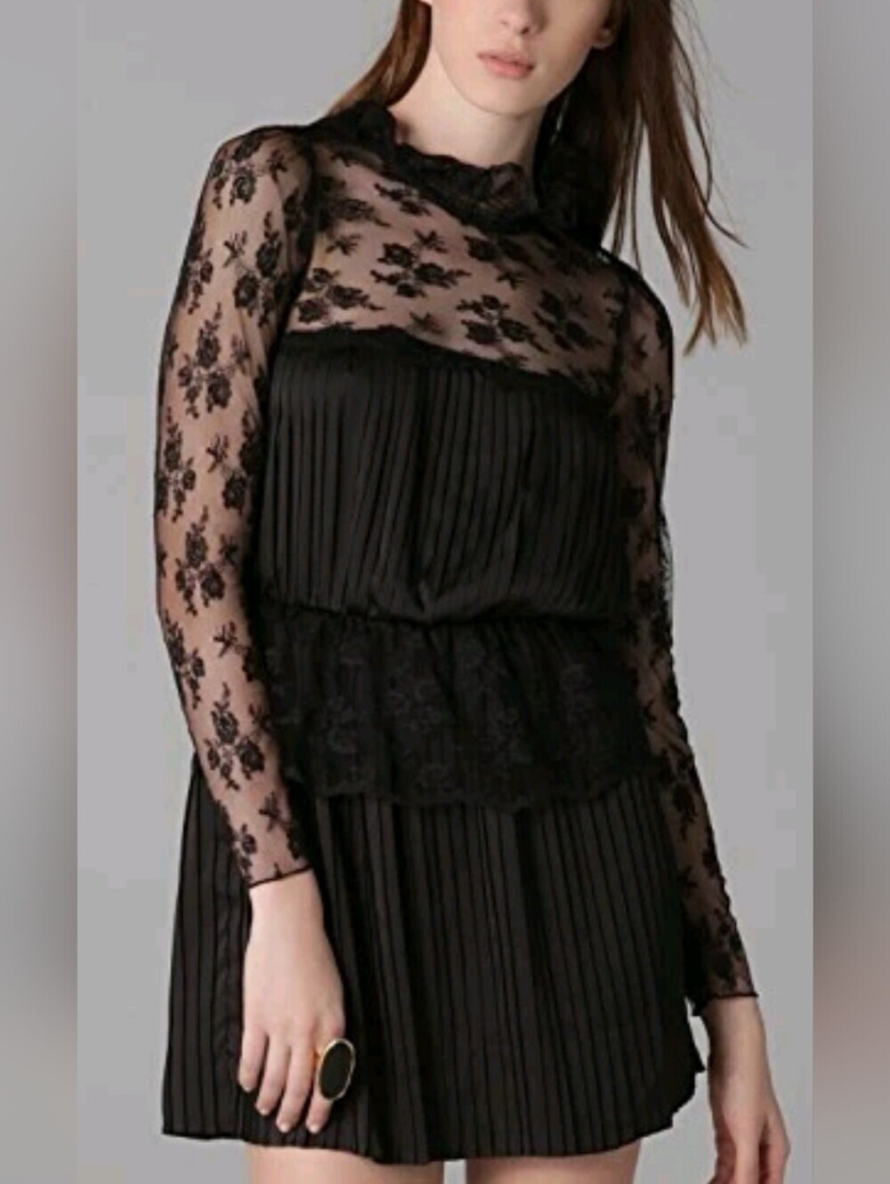 FREE PEOPLE Young Victorian Lace and Pleated Mini Dress size 2 Goth Whimsigoth
